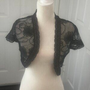 One 7 Six Women's Black Lace Bolero Shrug Semi Sheer Size M